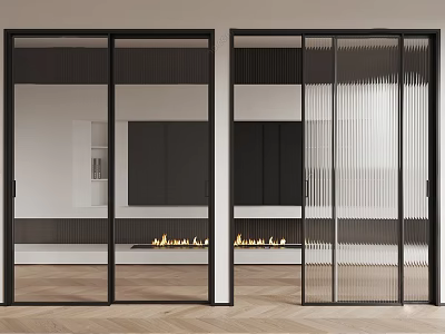 Modern Black Frame Glass Sliding Doors Interior Room Divider With Wooden Floor 3d model
