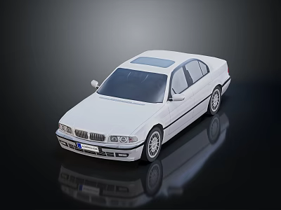 White Sedan Model Car on Black Reflective Surface with Shiny Exterior 3d model