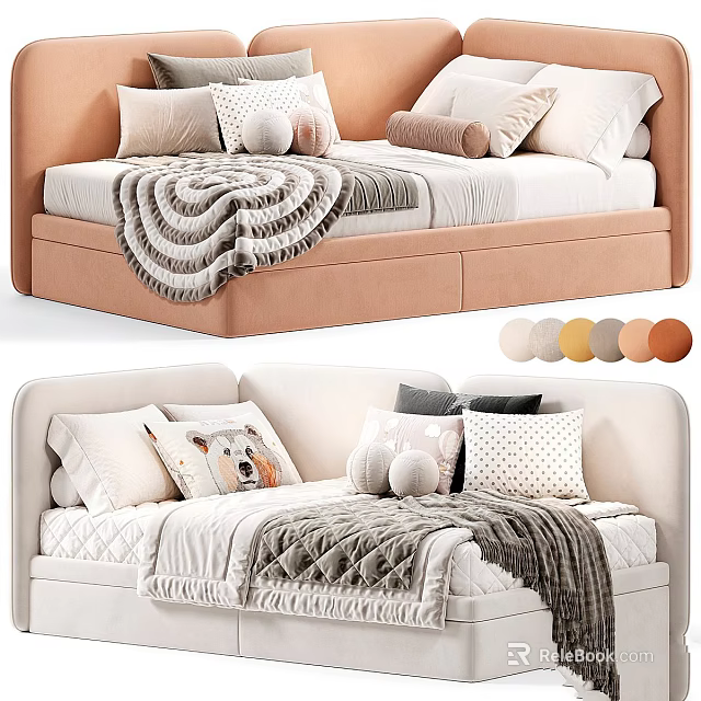Modern Kids Bed With Upholstered Headboard Soft Pillows Blanket And Color Options 3d model 