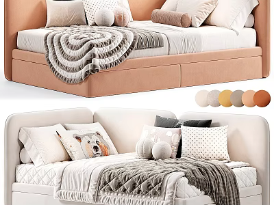 Modern Kids Bed With Upholstered Headboard Soft Pillows Blanket And Color Options 3d model