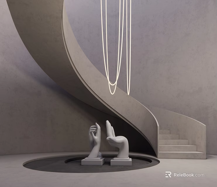 Minimalist Spiral Staircase With Hanging White Lines Gray Concrete Walls And Hand Sculptures 3d model 