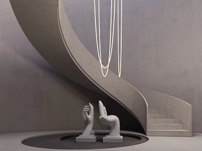 Minimalist Spiral Staircase With Hanging White Lines Gray Concrete Walls And Hand Sculptures 3d model