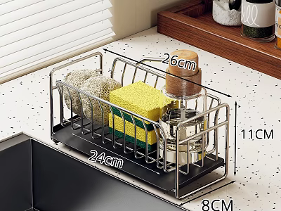 Kitchen Countertop Storage Rack Organizer With Sponge Brush And Size Dimensions 3d model