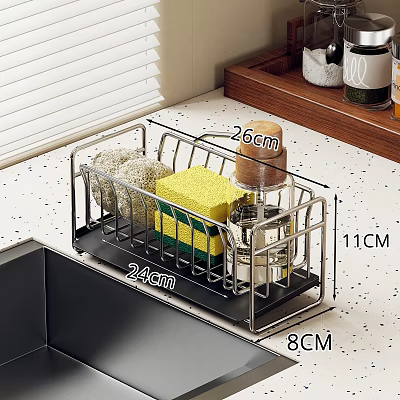 Kitchen Countertop Storage Rack Organizer With Sponge Brush And Size Dimensions 3d model