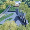 Traditional Garden Landscape With Pavilion Green Trees Lawn Stone Path And Water Feature