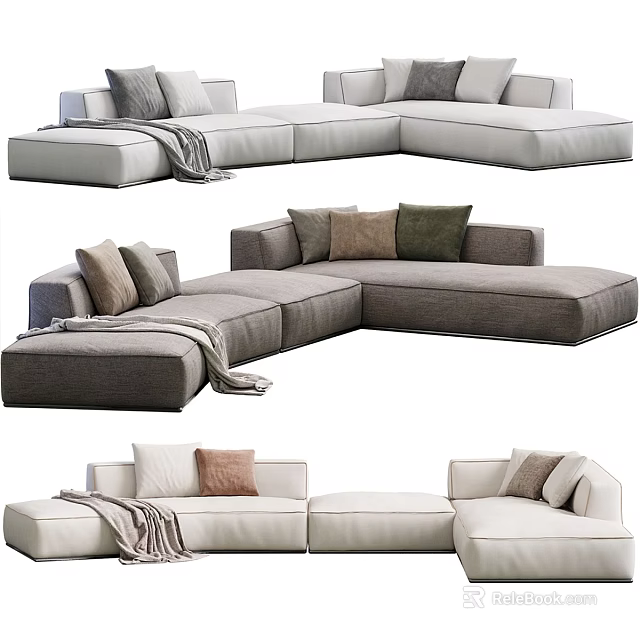 Modern Light And Dark Sectional Sofa With Various Throw Pillows And Soft Blanket 3d model