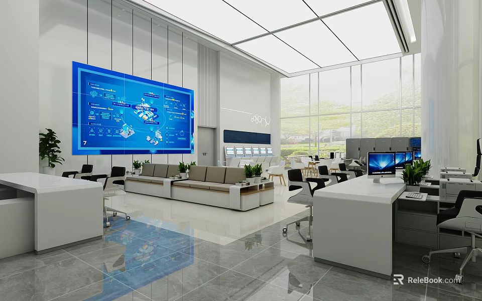 Modern Spacious Service Hall With Digital Screens Service Counters And Comfortable Seats 3d model 