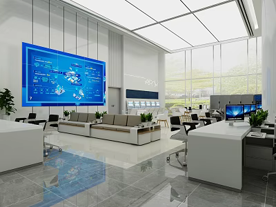 Modern Spacious Service Hall With Digital Screens Service Counters And Comfortable Seats 3d model