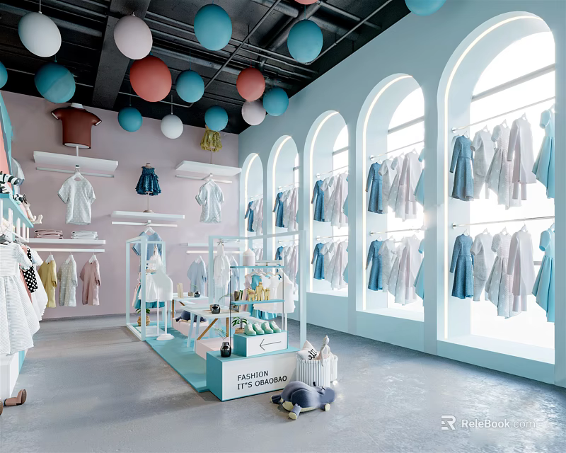 Colorful Kids Clothing Store With Hanging Clothes Arched Windows Blue Walls And Balloons 3d model 