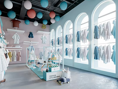 Colorful Kids Clothing Store With Hanging Clothes Arched Windows Blue Walls And Balloons 3d model