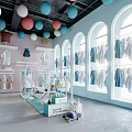 Colorful Kids Clothing Store With Hanging Clothes Arched Windows Blue Walls And Balloons