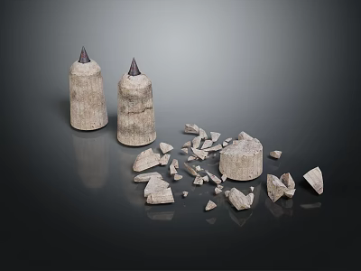 Stone Garden Ornaments With Pointed Top Pillars And Scattered Pieces 3d model