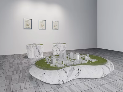 Commercial Equipment Display With Marble Pedestals And Building Models On Green Grass 3d model