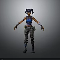 Woman With Pigtail Hairstyle Blue Sleeveless Crop Top Cargo Pants Fingerless Gloves And Combat Boots