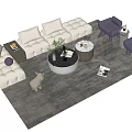 Plush Sofa Circular Coffee Table Set With Purple Armchairs Rug And Decor Items