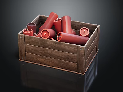 Commercial Equipment With Red Cylindrical Items Stored In Wooden Crate 3d model
