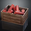 Commercial Equipment With Red Cylindrical Items Stored In Wooden Crate