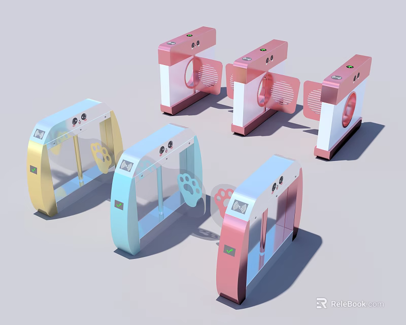 Modern Colorful Public Turnstiles With Transparent Barriers And Control Panels 3d model 