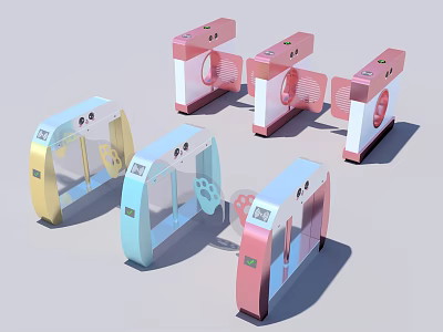 Modern Colorful Public Turnstiles With Transparent Barriers And Control Panels 3d model