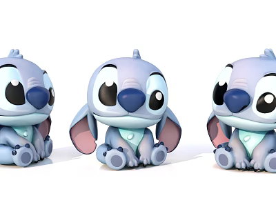 Three Blue Plush Stuffed Toys With Big Ears Round Eyes And Sitting Posture 3d model