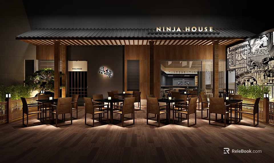 Ninja House Japanese Restaurant Interior With Wooden Tables Chairs And Warm Lighting 3d model 