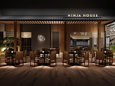 Ninja House Japanese Restaurant Interior With Wooden Tables Chairs And Warm Lighting 3d model