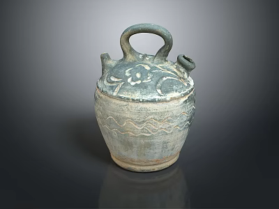 Carved Ceramic Sculpture With Handle Double Spouts Floral And Wave Patterns Gray Blue Color 3d model