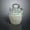 Carved Ceramic Sculpture With Handle Double Spouts Floral And Wave Patterns Gray Blue Color