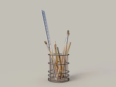 Organized Metal Pen Holder With Stationery Ruler Paintbrushes And Pencils 3d model