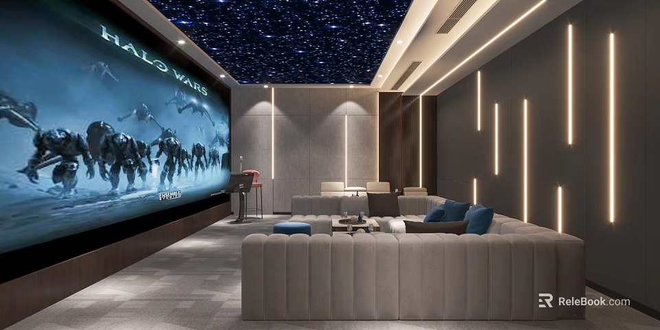Modern Home Theater Interior Design With Starry Ceiling Comfortable Sofa And Ambient Lighting 3d model 