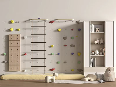 Playroom With Colorful Climbing Holds Wooden Frame Bookcase Soft Mat And Stuffed Toys 3d model