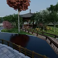 Park Landscape With Lush Trees White Buildings Circular Plazas And Paths