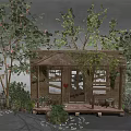 Cozy Wooden Cabin with Porch and Sloped Roof Surrounded by Green Trees and Flowers