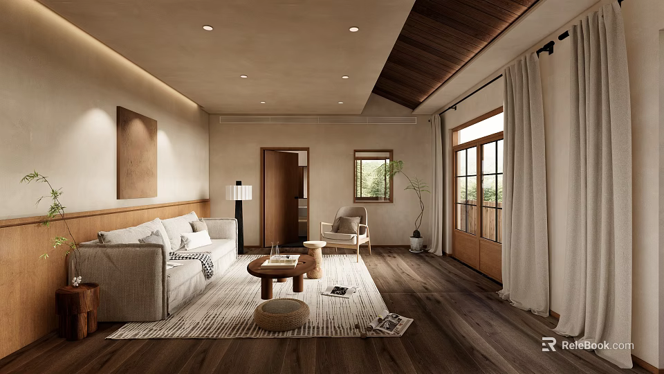 Modern Living Room Interior With Wooden Ceiling Sofa Rug And Large Windows 3d model 