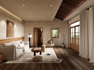 Modern Living Room Interior With Wooden Ceiling Sofa Rug And Large Windows 3d model