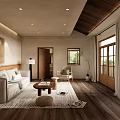 Modern Living Room Interior With Wooden Ceiling Sofa Rug And Large Windows