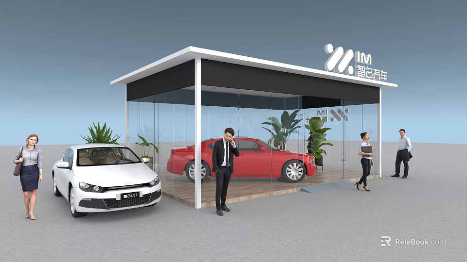 Modern Exhibition Booth With Glass Structure Red White Cars Green Plants And Visitors 3d model 