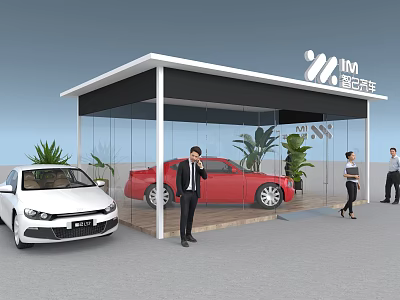 Modern Exhibition Booth With Glass Structure Red White Cars Green Plants And Visitors 3d model