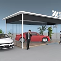 Modern Exhibition Booth With Glass Structure Red White Cars Green Plants And Visitors