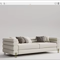 Modern Beige Two-Seater Sofa with Brown and Gray Striped Pillows and Gold Metal Legs