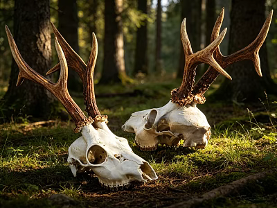 Two Deer Skulls With Large Antlers On Grassy Forest Ground 3d model