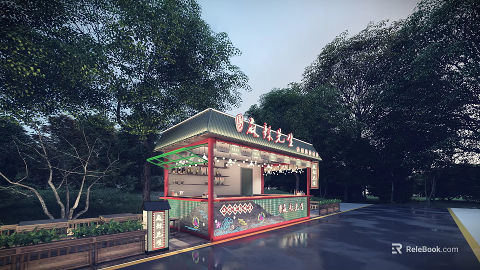 Northeast Chinese Snack Kiosk Restaurant With Green Trees And String Lights Decorations 3d model 