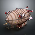 Vintage Airship With Multiple Red Engines Striped Exterior And Wooden Cabin