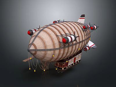 Vintage Airship With Multiple Red Engines Striped Exterior And Wooden Cabin 3d model