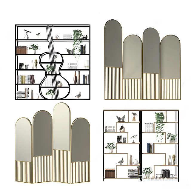 Modern Room Divider with Mirrored Arched Panels and Golden Frame Design 3d model