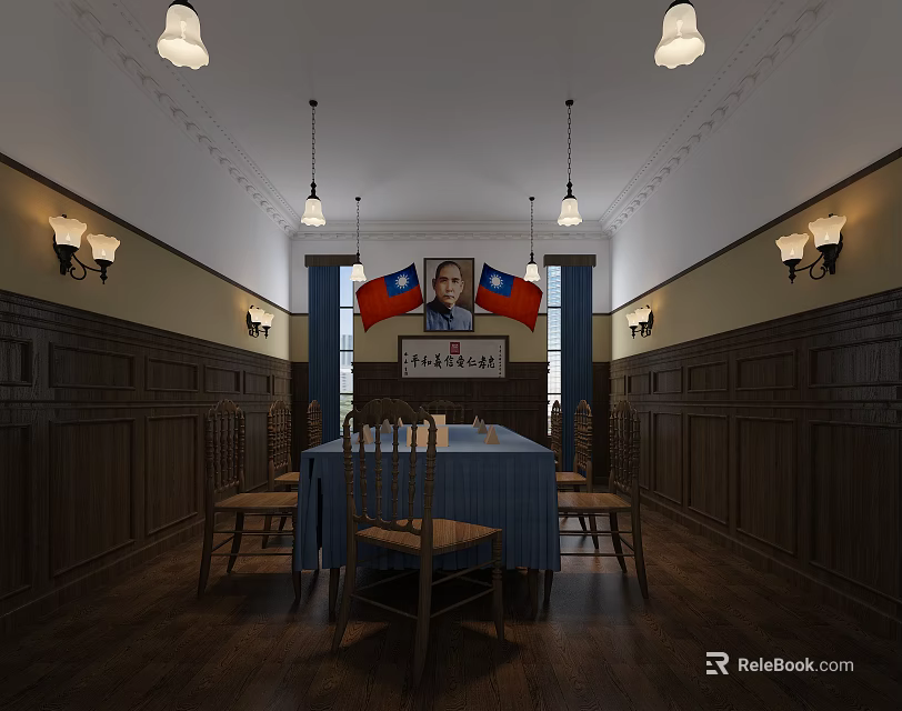 Traditional Conference Room Interior With Wooden Table Chairs Flags And Lighting 3d model 