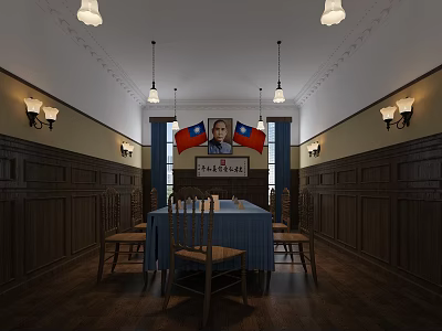 Traditional Conference Room Interior With Wooden Table Chairs Flags And Lighting 3d model