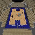 Spacious Basketball Arena Interior With Wooden Court Blue Design And Seating Sections