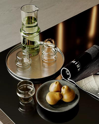 Modern Tea Set Ornaments Water Cup Glass Kettle Coffee Table Ornaments Books Fruit Plate 3d model