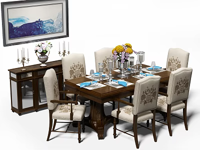 Elegant Dining Table Set With Carved Chairs Tableware Floral Vase Sideboard And Candlesticks 3d model
